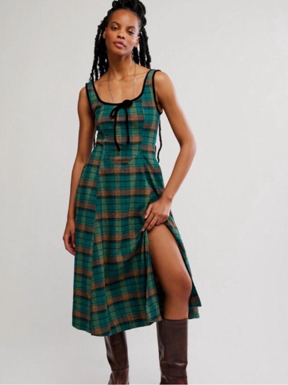 NEW FREE PEOPLE freya plaid dress in kelly green combo
